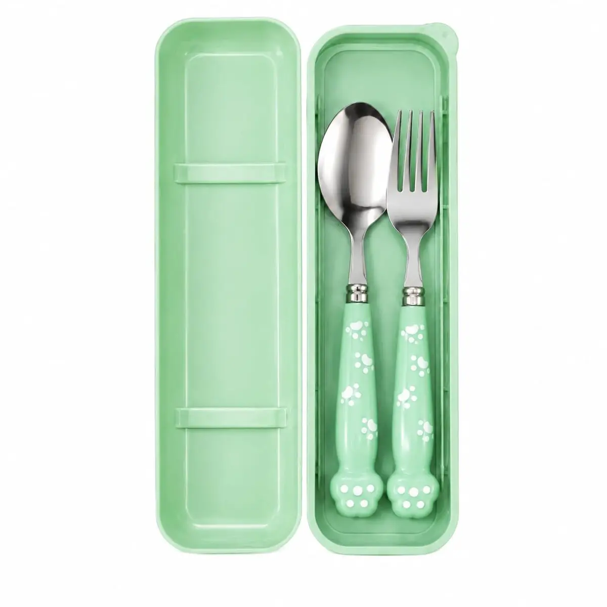 Kit Talher Infantil Verde Colher e Garfo em Inox com Estojo | Estojo Incluso, Cabo com Patinhas, Aço Inoxidável, Portátil, Para Crianças