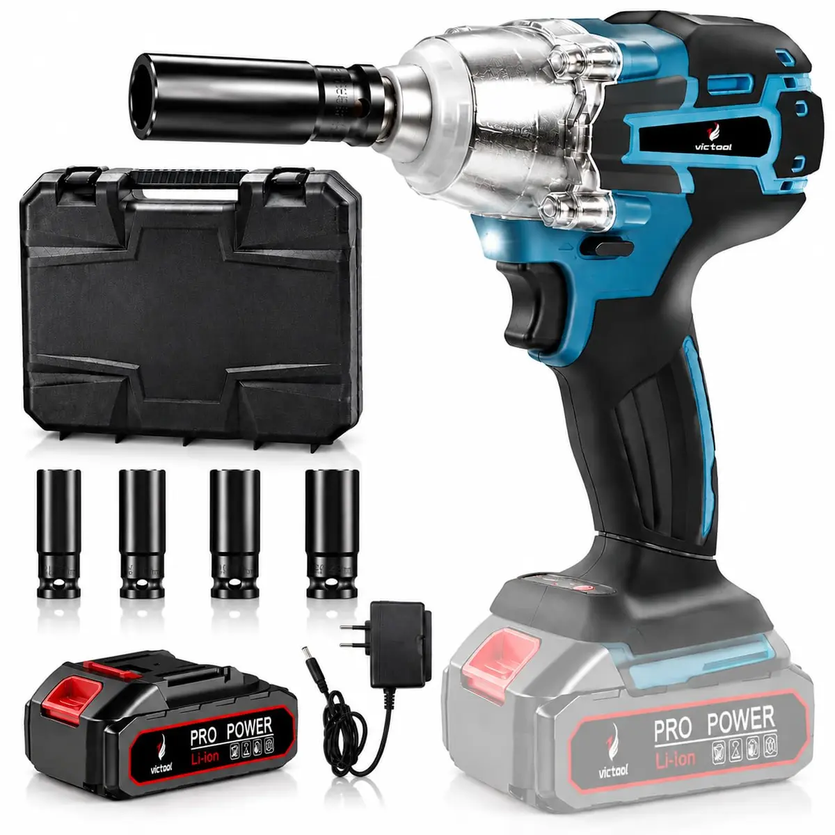 Victool Chave de Impacto Sem Fio 21V 300Nm Motor Brushless 4815, Parafusadeira e Furadeira 3 em 1, Encaixe 1/2", Controle 0-3200RPM, Luz LED, Bateria 1300mAh com Soquetes 17/19/21/22mm