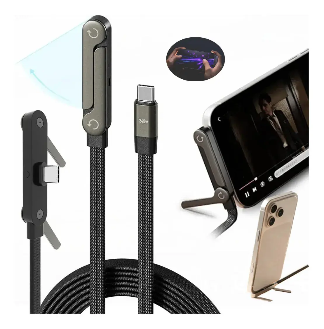 Cabo USB-C para USB-C de 240W com Suporte Dobrável e Carga Rápida de 1.5m - 1