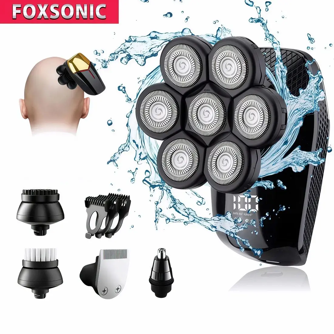 Foxsonic barbeador para homens 7d independentemente 7 cortador cabeça flutuante à prova dwaterproof água navalha elétrica aparador de barba para homem - 1