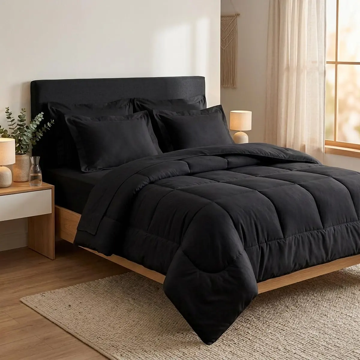 Kit Roupa de Cama Edredom Dupla Face 6 Peças Casal Queen (Preto)