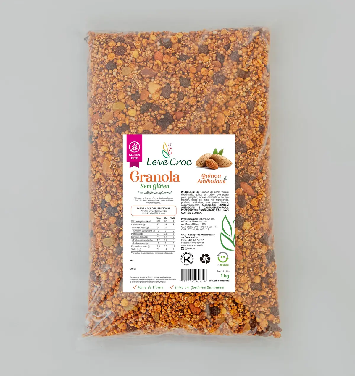 Granola Sem Glúten e Sem Adição de Açúcar Quinoa e Amêndoas 1kg - Leve Croc