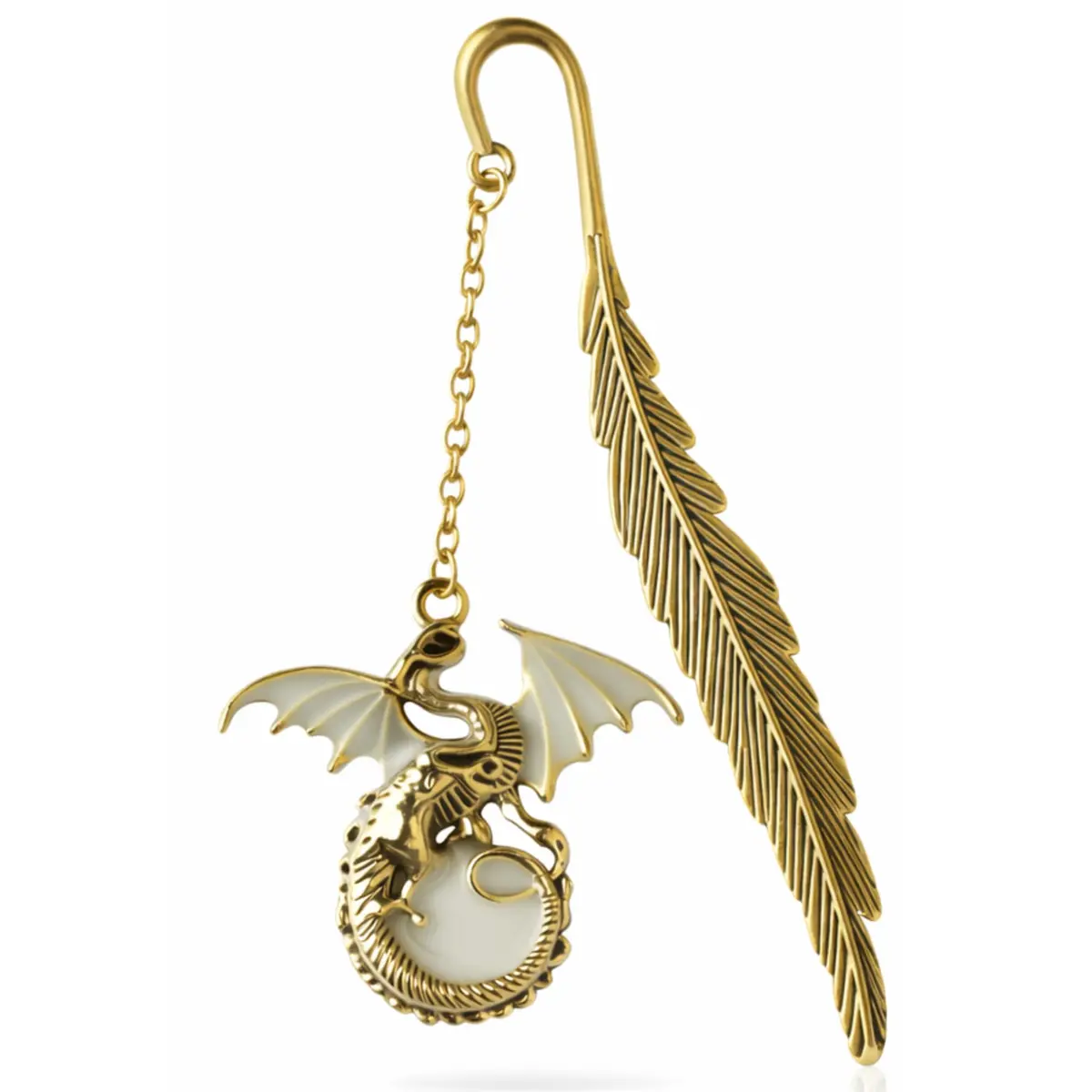 Marcador de Página Dragão Luminoso Metal Dourado com Pena Glow no Escuro – Bookmark Fantasia Elegante para Leitores, Estudantes e Amantes de Livros