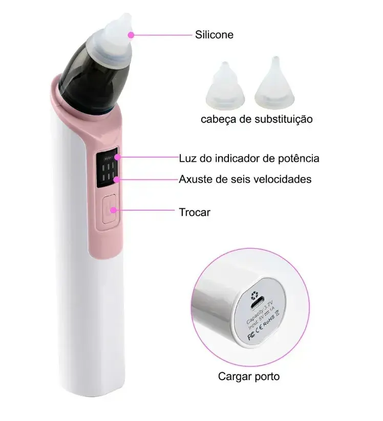 Sugador Aspirador Nasal Elétrico Infantil Recarregável 6 Velocidades com bico e filtros A2 Eletronics - Azul thumbnail 8