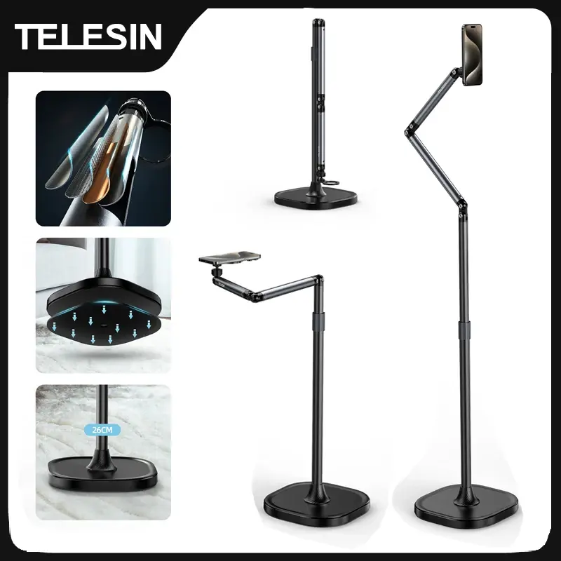 Telesin suporte magnético de chão para celular, suporte cantilever para transmissão ao vivo, tablet, suporte de elevação universal para celular - 1