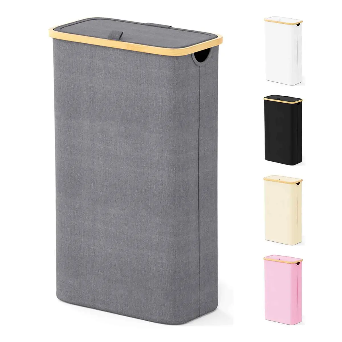 SpaceAid Cesto de lavanderia fino com tampa, cesto de roupas estreito de 65 L com alças de bambu, cesto fino alto dobrável para quarto, banheiro, dormitório, lavanderia - cinza