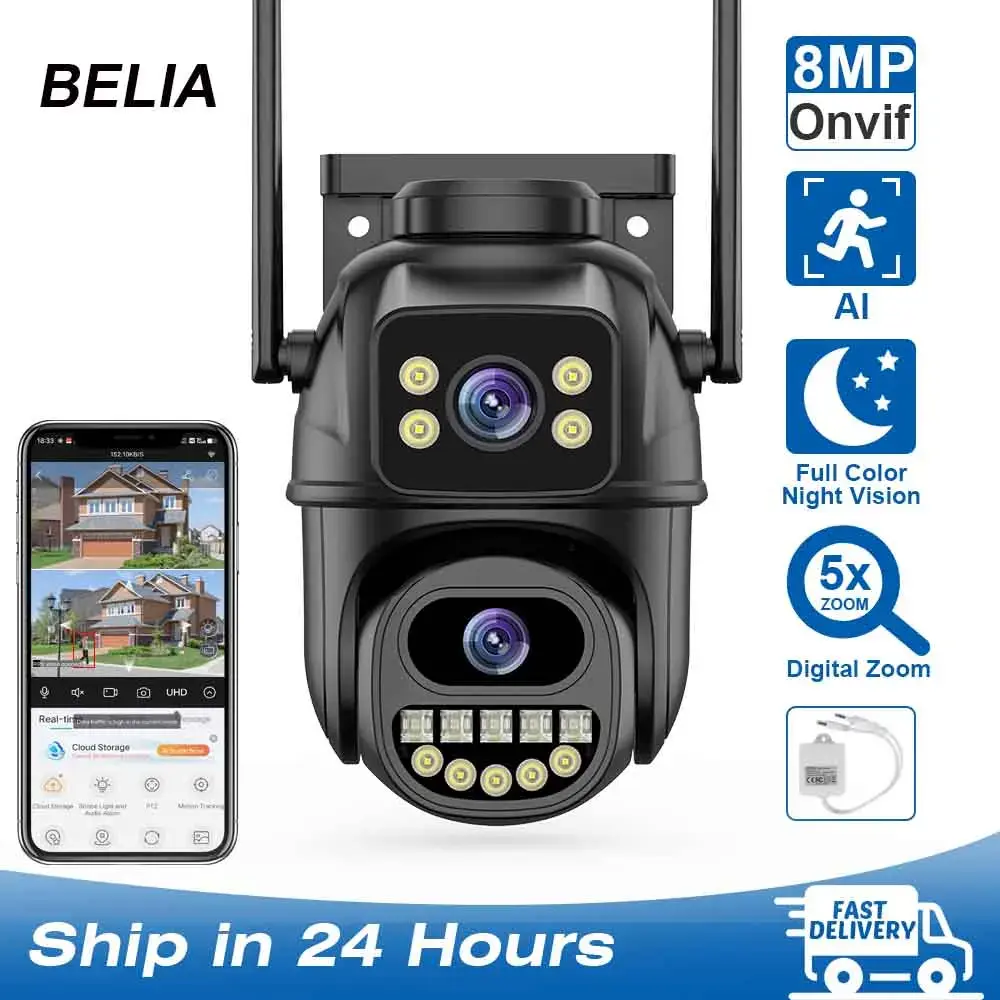 Câmera de vigilância WiFi 4K 8MP, lente dupla, zoom digital 4X, detecção humana AI, ONVIF, câmeras IP PTZ de segurança externa - 1