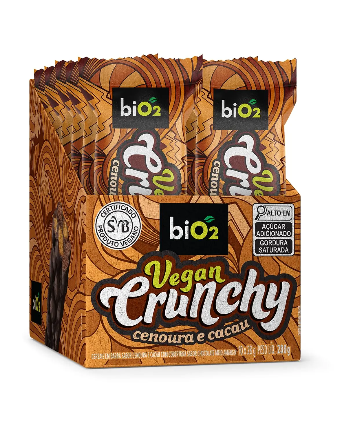 Barra de Cereal biO2 Vegan Crunchy Cenoura e Cacau, Caixa com 10 unidades de 28 g, Vegana e sem Glúten