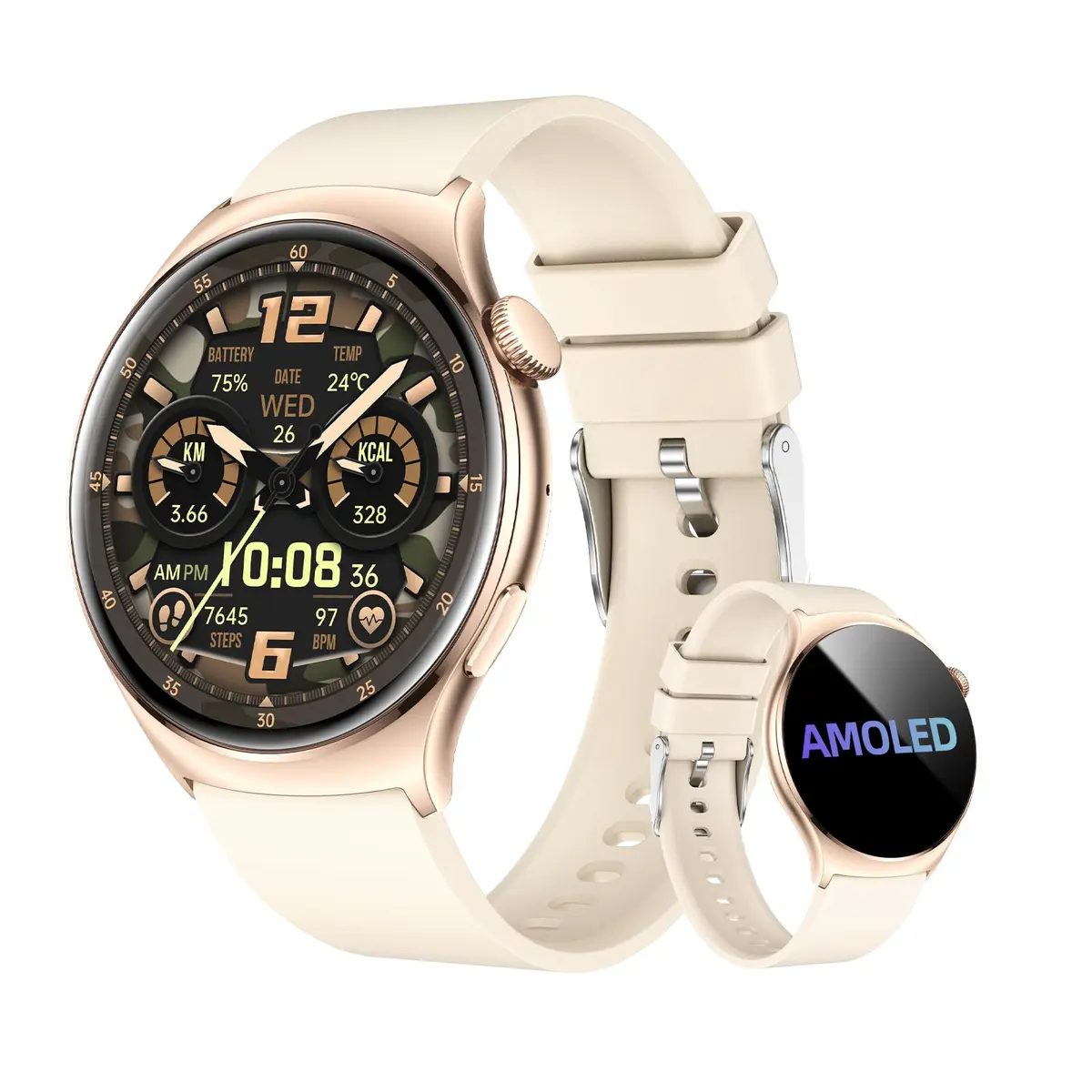 Bettdow Smartwatch feminino Redondo AMOLED 1.43" - Relógio Inteligente com Chamadas Bluetooth, 178+ Modos Esportivos, IP68 à Prova d‘Água, Compatível Android/iOS (Bege)
