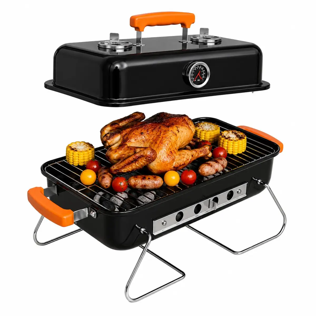 Churrasqueira Portatil Carvao Sem Fumaça Pequena Dobravel Leve Inox 304 com Termometro para Churrasco Camping Praia Jardim Varanda - LONYAN