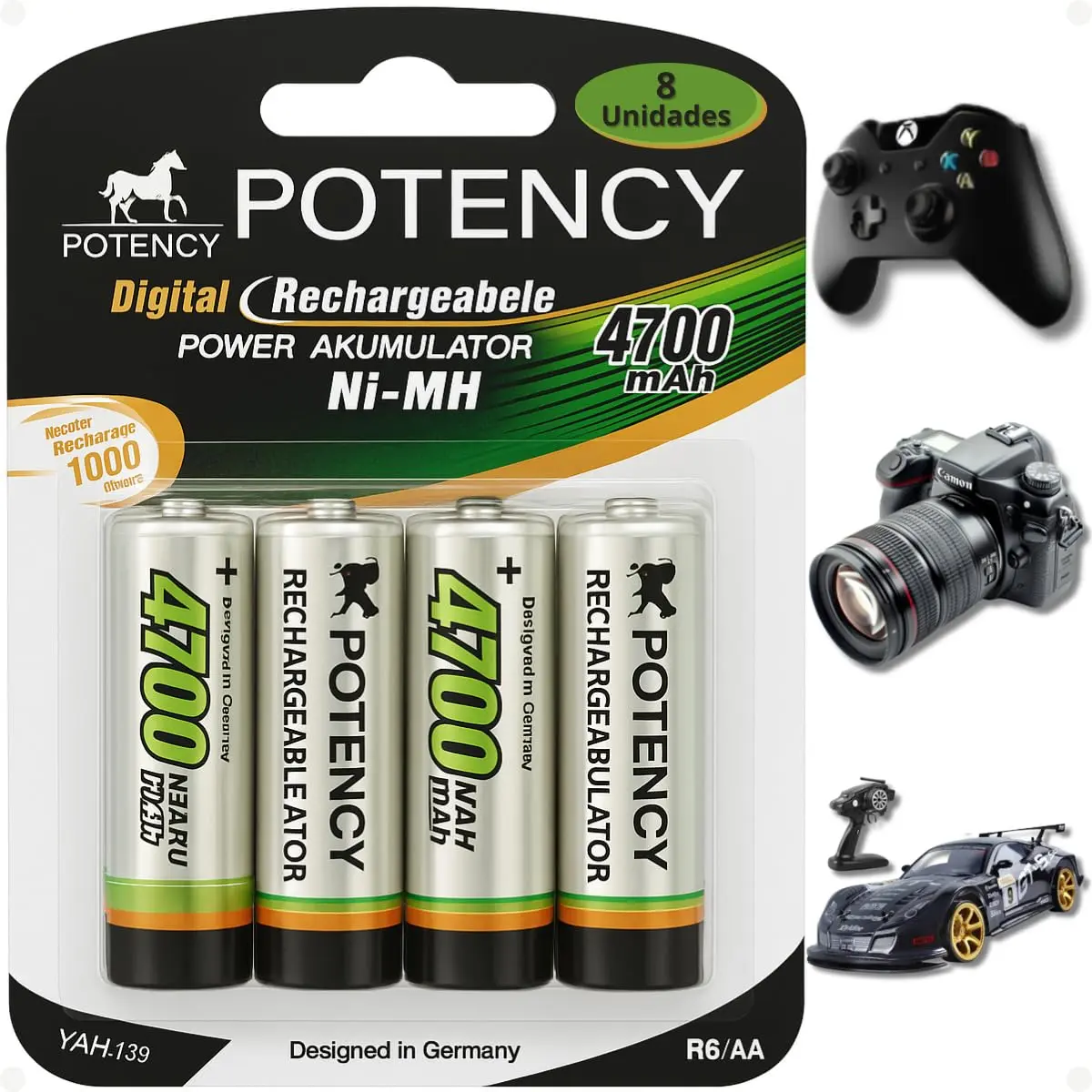 Kit 8 Pilhas Recarregáveis AA 4700mAh - Blister com 8 Unidades - Rechargeable Ni-MH Batteries - 1.2v - Ideal para Controle de Vídeo Games, Controles Remotos, Microfones Sem Fio, Câmeras e Brinquedos