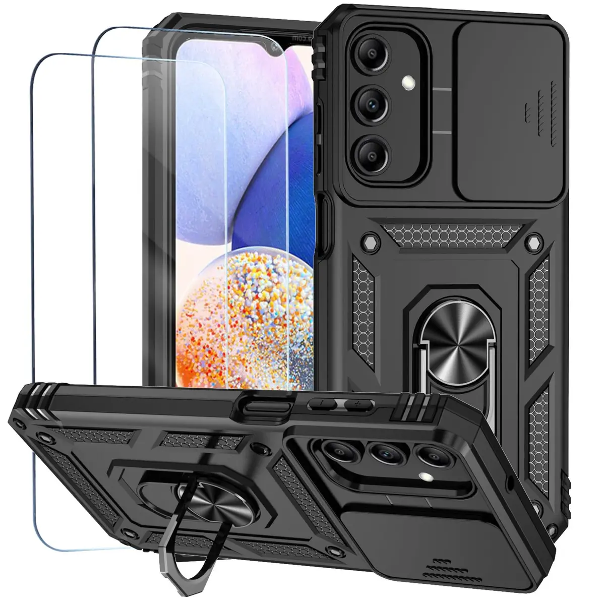 Capa para Samsung Galaxy A15 Capinha | com 2 peças de protetor de tela temperado com janela deslizante da câmera e suporte para telefone incluídos - Preto - 1