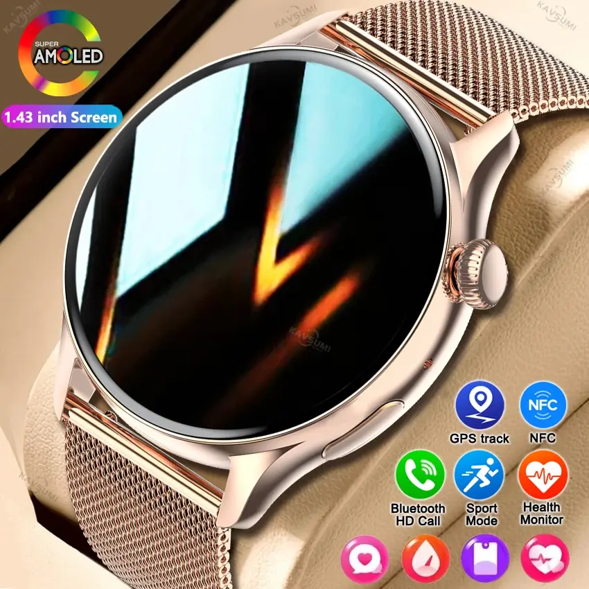 Relógio Inteligente NFC 2026 com Tela Amoled HD, GPS, Monitor de Frequência Cardíaca, Chamada Bluetooth, à Prova d'Água, Smartwatch para Mulheres, Presente para Mulheres