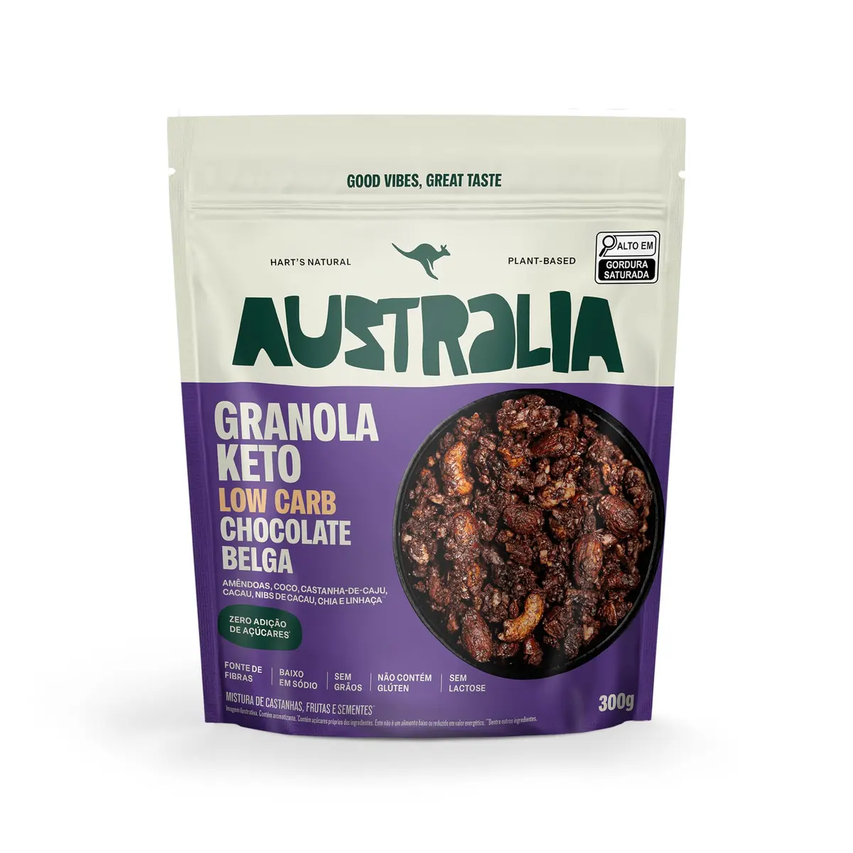 Hart's Natural Granola Australia Keto Low Carb Belgian Chocolate | Granola Sem Açucar, Sem Lactose, Sem Glúten, Vegano | 100% Natural | Alto em Fibras | 300g - 1