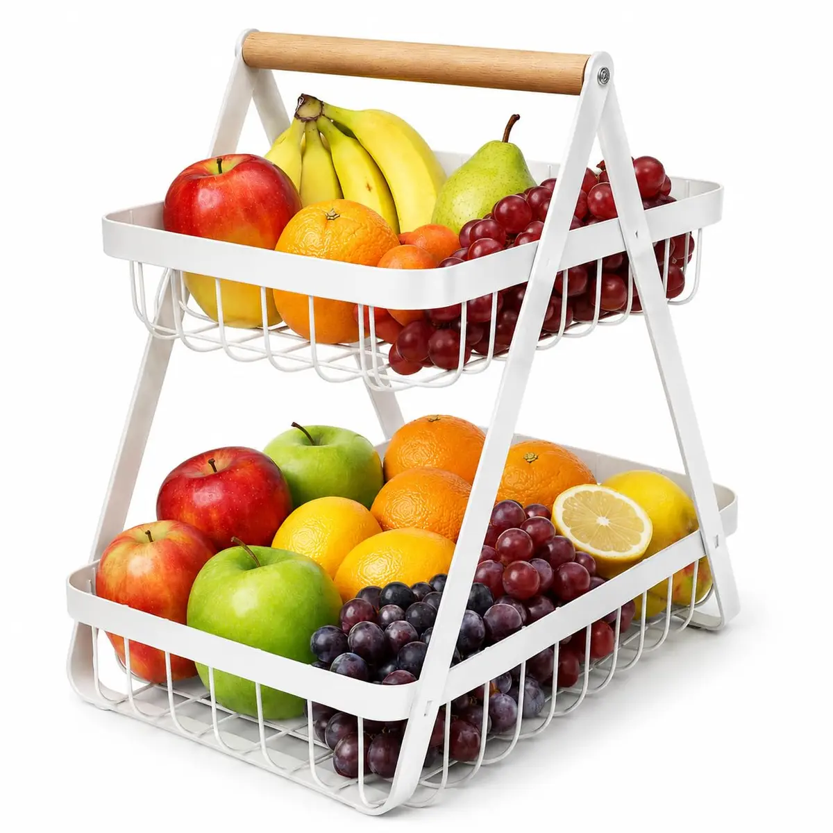 Fruteira 2 Andares em Metal com Alça de Madeira, Organizador de Frutas Vertical, Design Moderno Industrial, 30x18x33 cm (Branca)