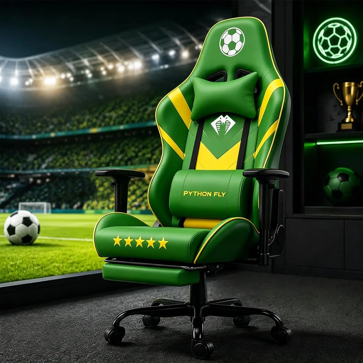 Cadeira Gamer Estilo Futebol, Design Esportivo Verde e Amarelo, com Ajuste de Inclinação Controlado – PYTHON FLY
