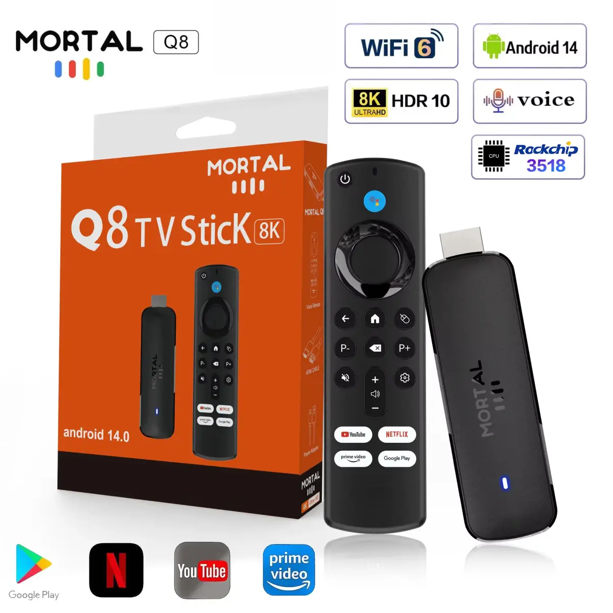 Mortal Q8 Android 14 TV Stick WIFI6 Controlo de Voz TV Stick Vídeo 8K RK3518 Netflix YouTube TV Box Transmissão de TV ao vivo grátis - 1