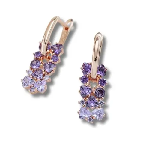 Brinco Feminino Banhado a Ouro Rosê 585 com Cristal Ametista Sintética "Amethyste" - Aço Cirúrgico, 2,8cm x 1cm, Leve e Elegante - Acompanha Bolsa de Veludo