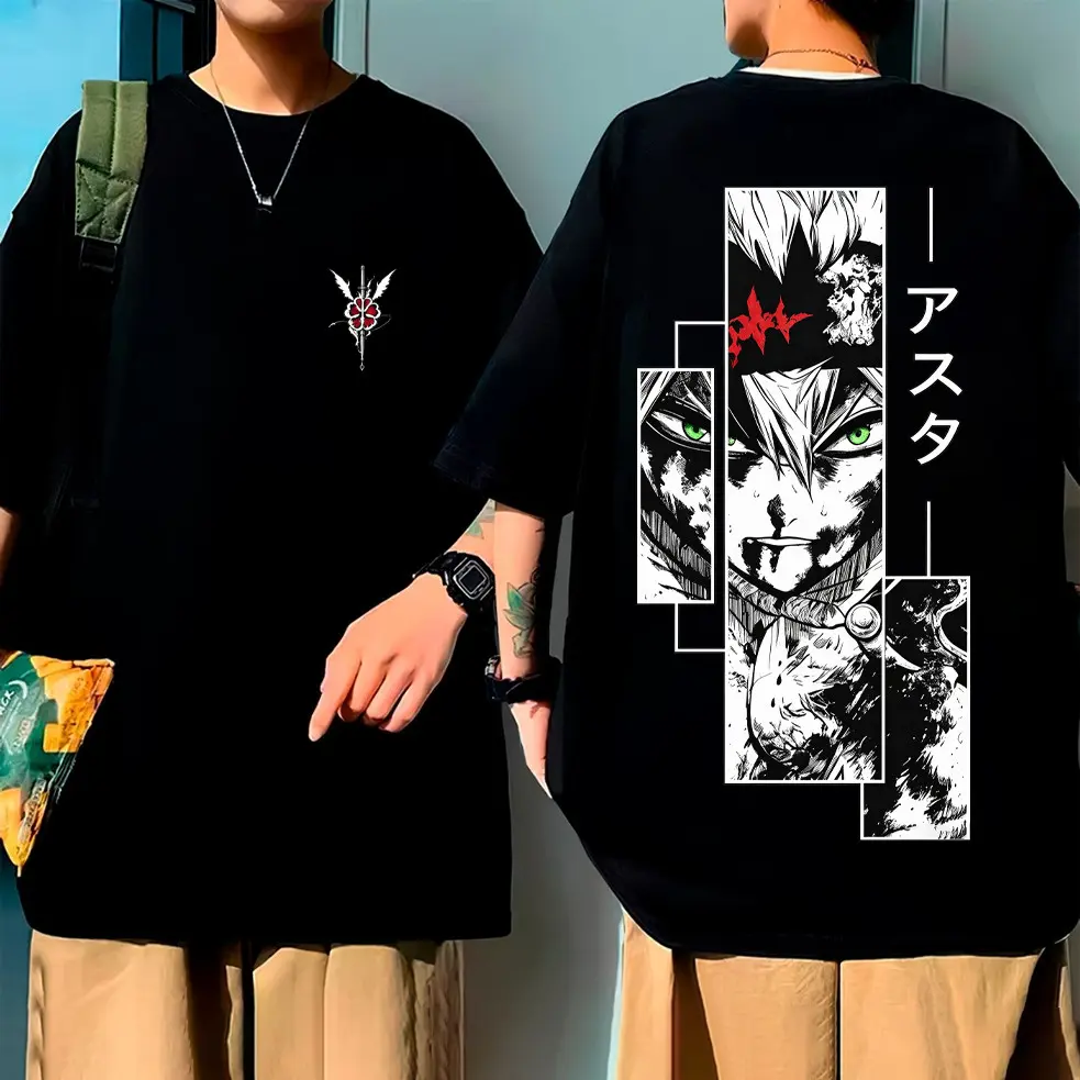 Camiseta Unisex de Alta Qualidade, Design com Estampa do Personagem Asta de Black Clover, Pequeno emblema decorativo no
