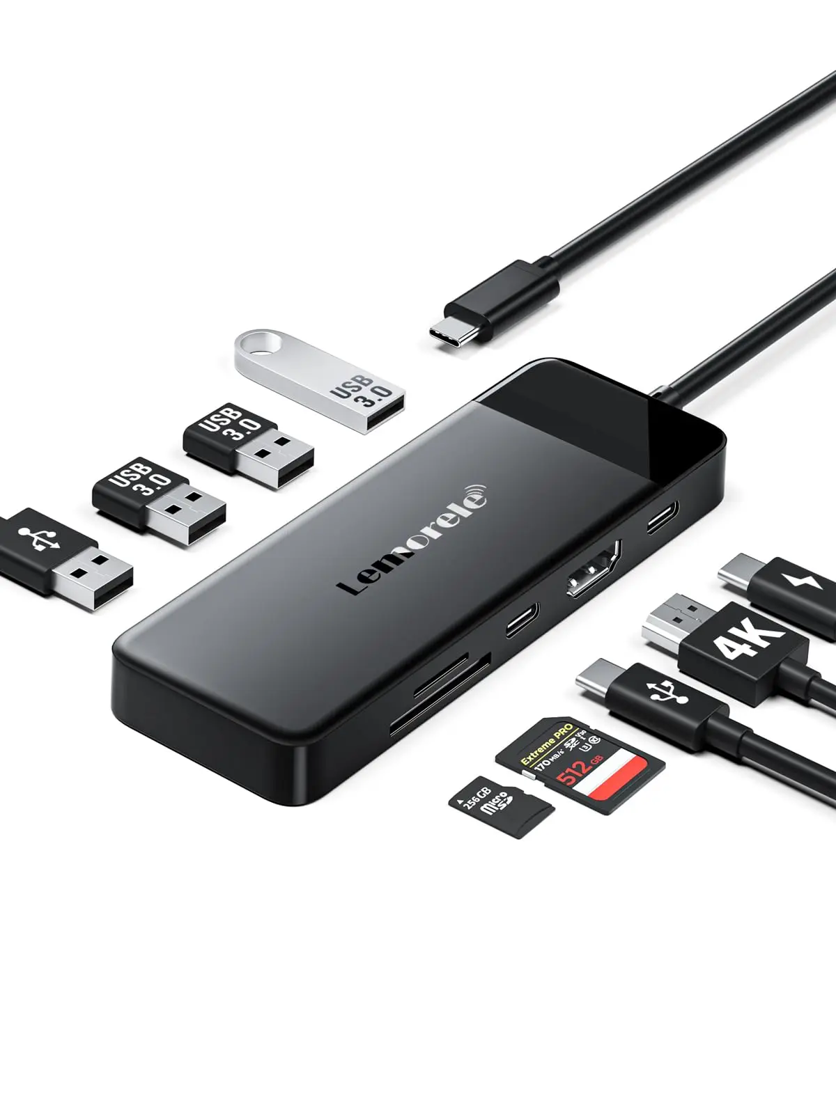 Lemorele Adaptador Hub 9 em 1 USB-C com HDMI 4K 30Hz, 4 Portas USB 3.0, PD 100W, USB-C e Leitor SD/TF - Plug & Play para Yoga, MacBook, HP, Dell, Acer e outros