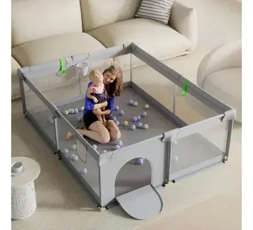 Haosin Cercadinho Para Bebê Infantil Chiqueirinho 127x127cm Grande Universal Cinza Espaçoso Seguro Tela Respirável com Visibilidade 360°
