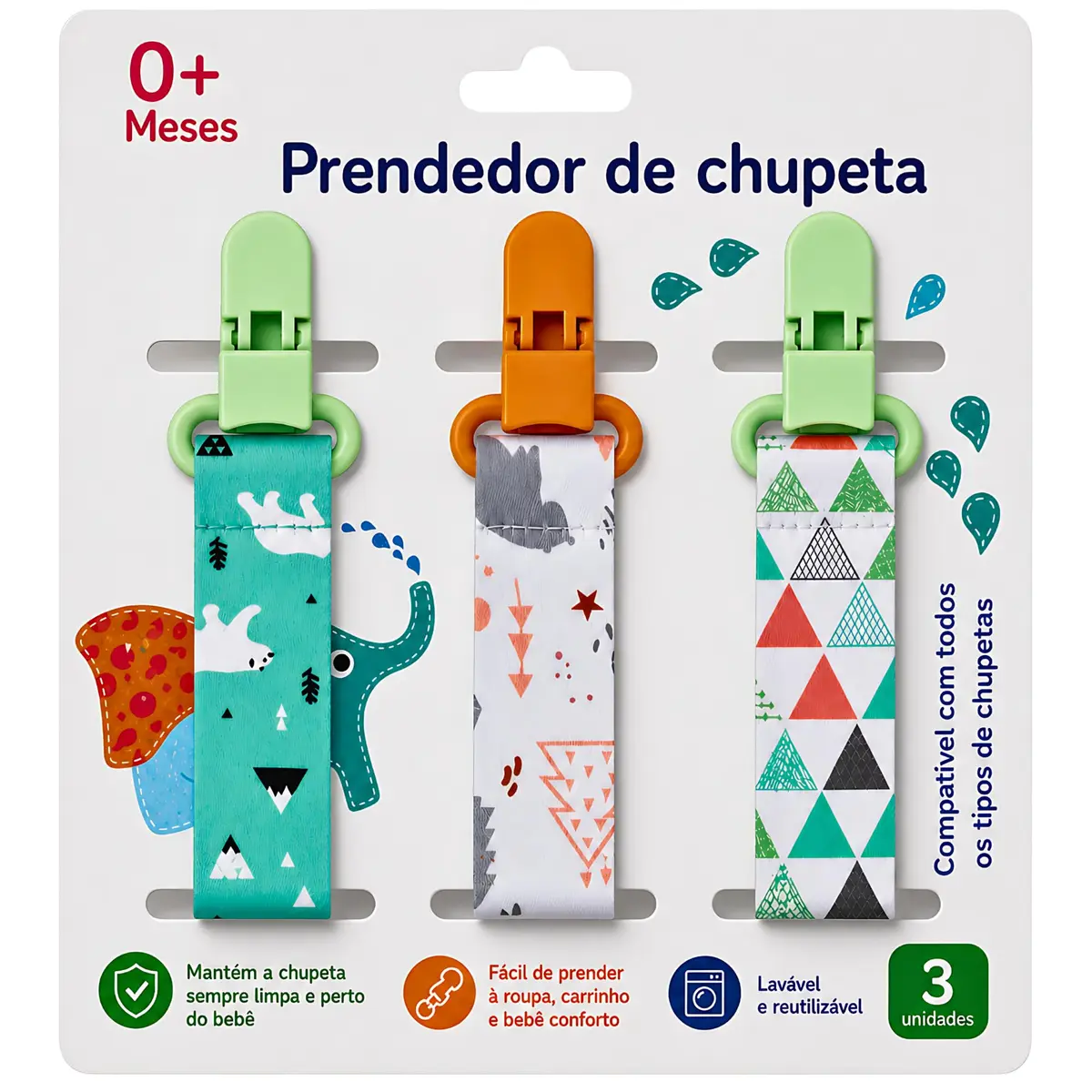 Kit 3 UN. Prendedor de Chupeta Neutro Menino Menina Premium | Estampas Lindas Alto Padrão de Qualidade - CodaTech