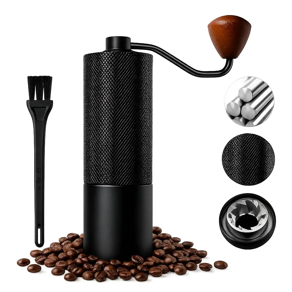 Moedor de Café Manual para café em grãos, Aço Inox, Núcleo de Moagem com 6 dentes, 24 níveis de precisão, comporta 30 g Moedor de Café Inox com Manivela (Preto) - 1