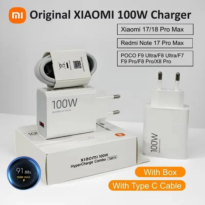 Carregador Original Xiaomi 100W Hypercharge com Plugue EU e Cabo Tipo C, Carregador Rápido para Xiaomi 17 18 Pro Max 15 14 POCO F8 Pro F9 Ultra