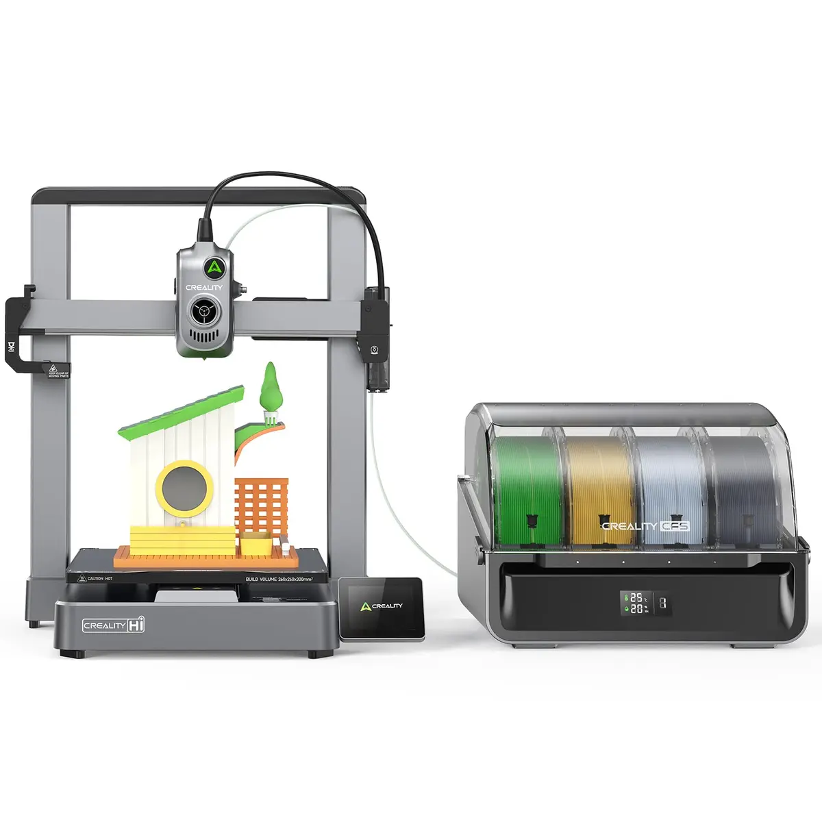 Creality Hi Combo Impressora 3D multicolorida com CFS, alta velocidade de 500 mm/s, nivelamento automático, leitura automática do filamento, extrusora sem entupimentos, 95% pré-montada, 26x26x30cm