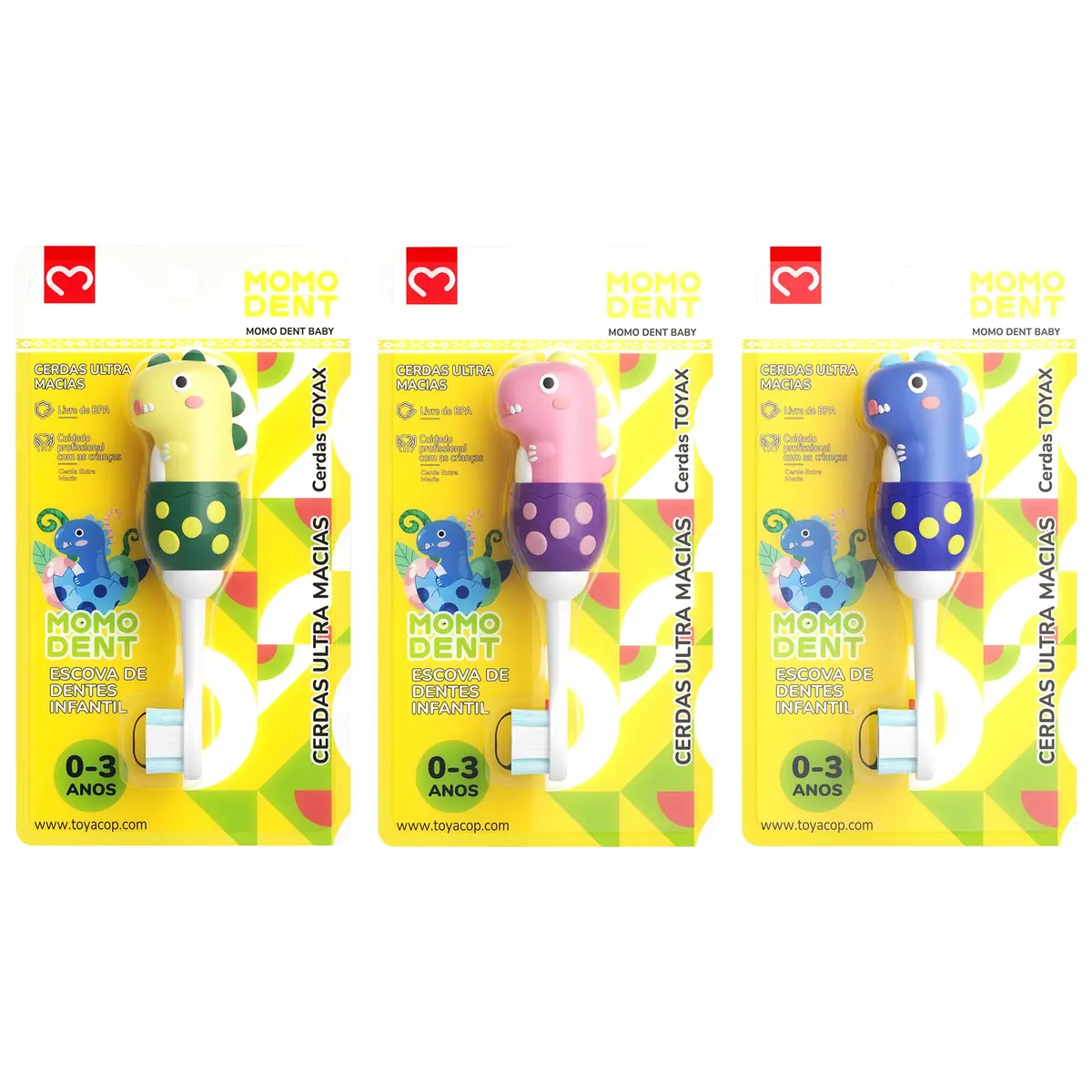 MOMODENT Escova de Dentes Infantil para 0-3 Anos Bebe, Dinossauro, Cabo de Silicone Macio, Cabeça Macia, Limpeza Suave (Amarelo+Rosa+Azul - 3 unidades)