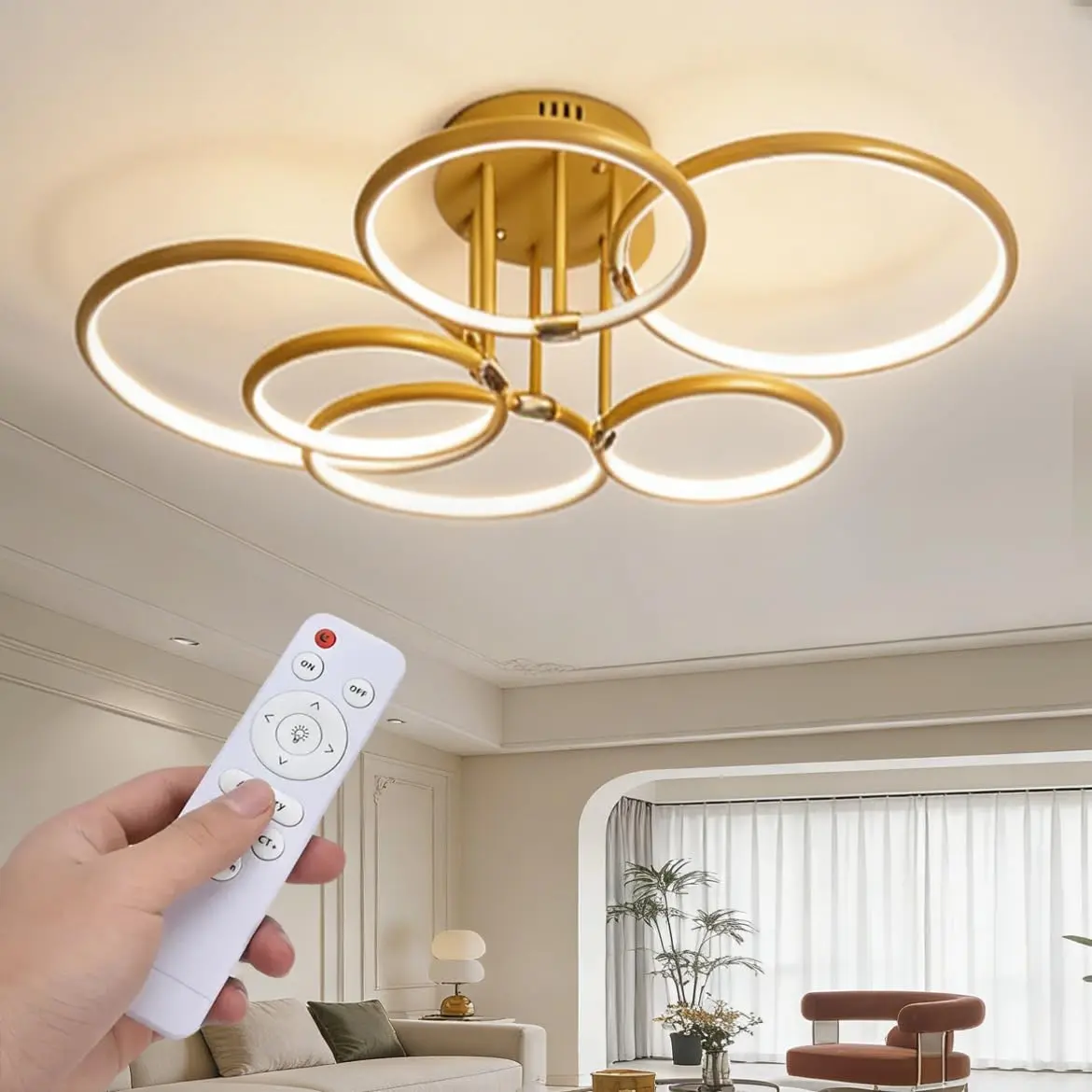 Luminária de Teto LED Moderna Dimerizável Plafon Circular Dourado com Controle Remoto, Lustre para Decoração de Sala de Estar, Quarto, Cozinha e Sala de Jantar (6 Anéis Controle Remoto)