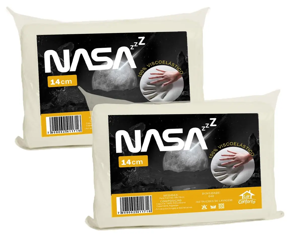 Kit 2 Travesseiro Nasa 14cm Altura Espuma D40 Viscoelástico Nasa Z Capa Com Zíper 100% Algodão 200 Fios - Lar Conforto…