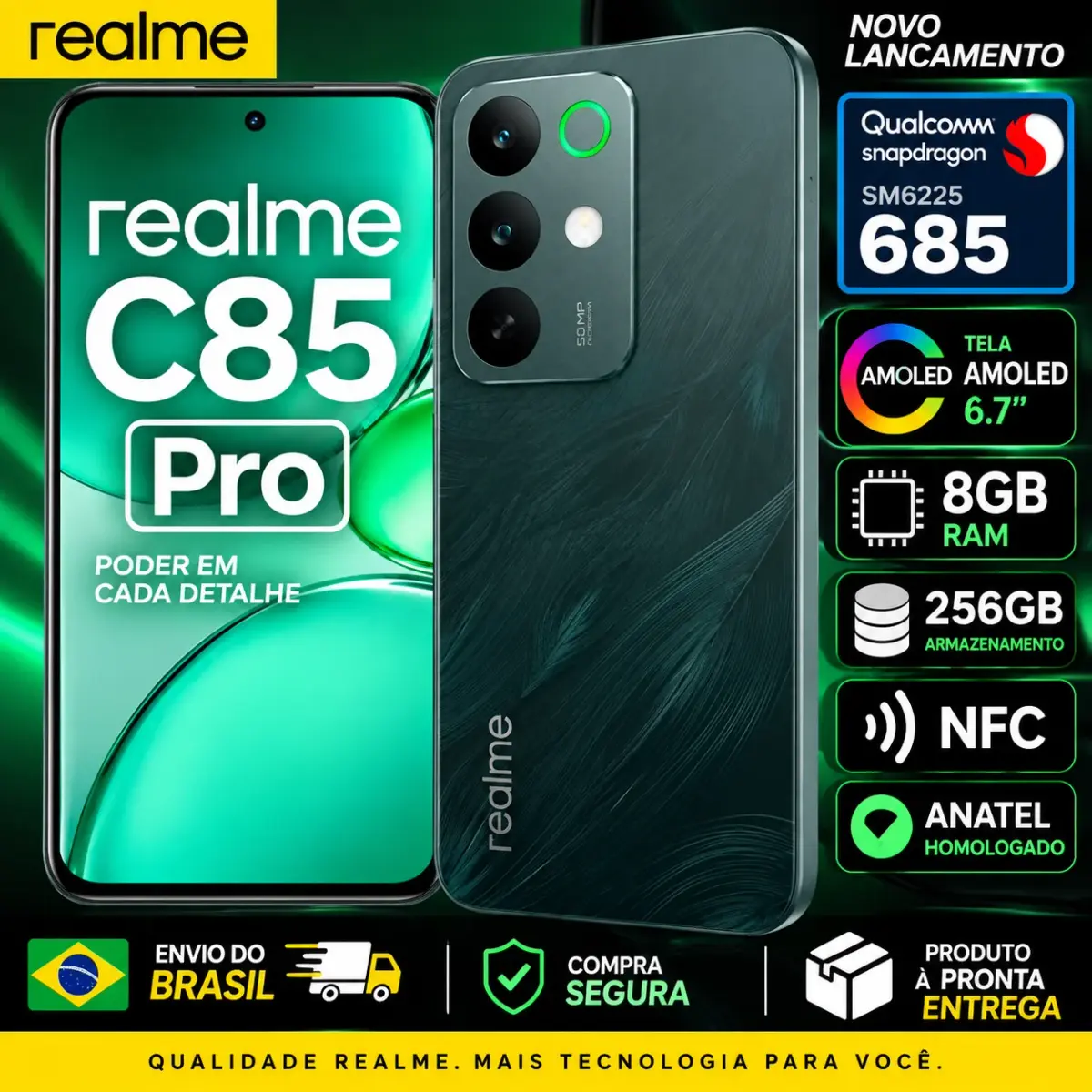 Realme C85 Pro RMX5555 256GB 8GB RAM Dual SIM NFC 4G Tela 6.8" - Verde (Anatel)