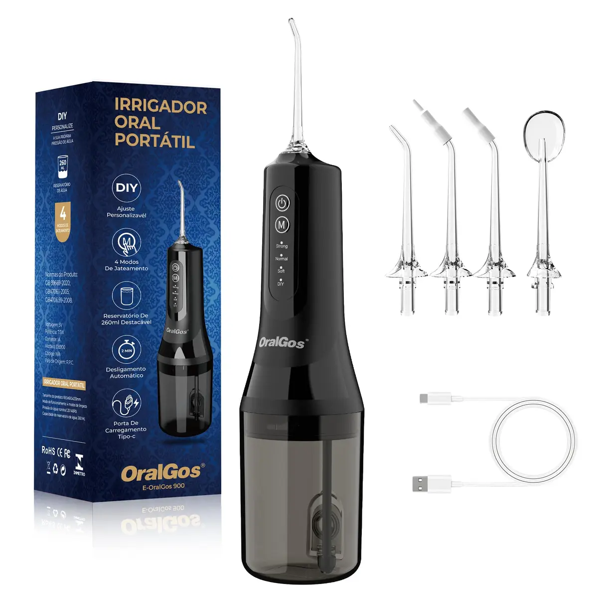 OralGos Irrigador Dental Portatil 260ML, Limpeza Profunda, 4 Bicos, Preto | 260ML, 4 Modos de Jato, 4 Bicos, Limpeza Profunda dos Dentes e Gengivas, Elétrico, Recarregável, À Prova d'Água IPX7 - 1