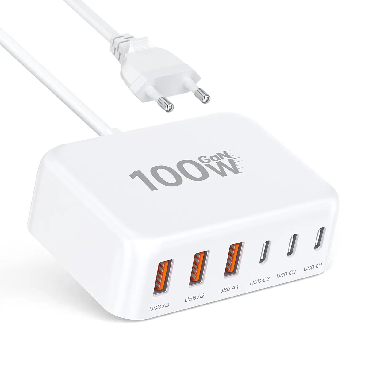 Carregador rápido USB C, hub de carregamento tipo cubo com 6 portas GaN de 100 W, adaptador de tomada com extensão para iPad, iPhone 16/15/14/13/12 Pro Max, Pixel, Note, Galaxy, cabo de 1,5 m - 1