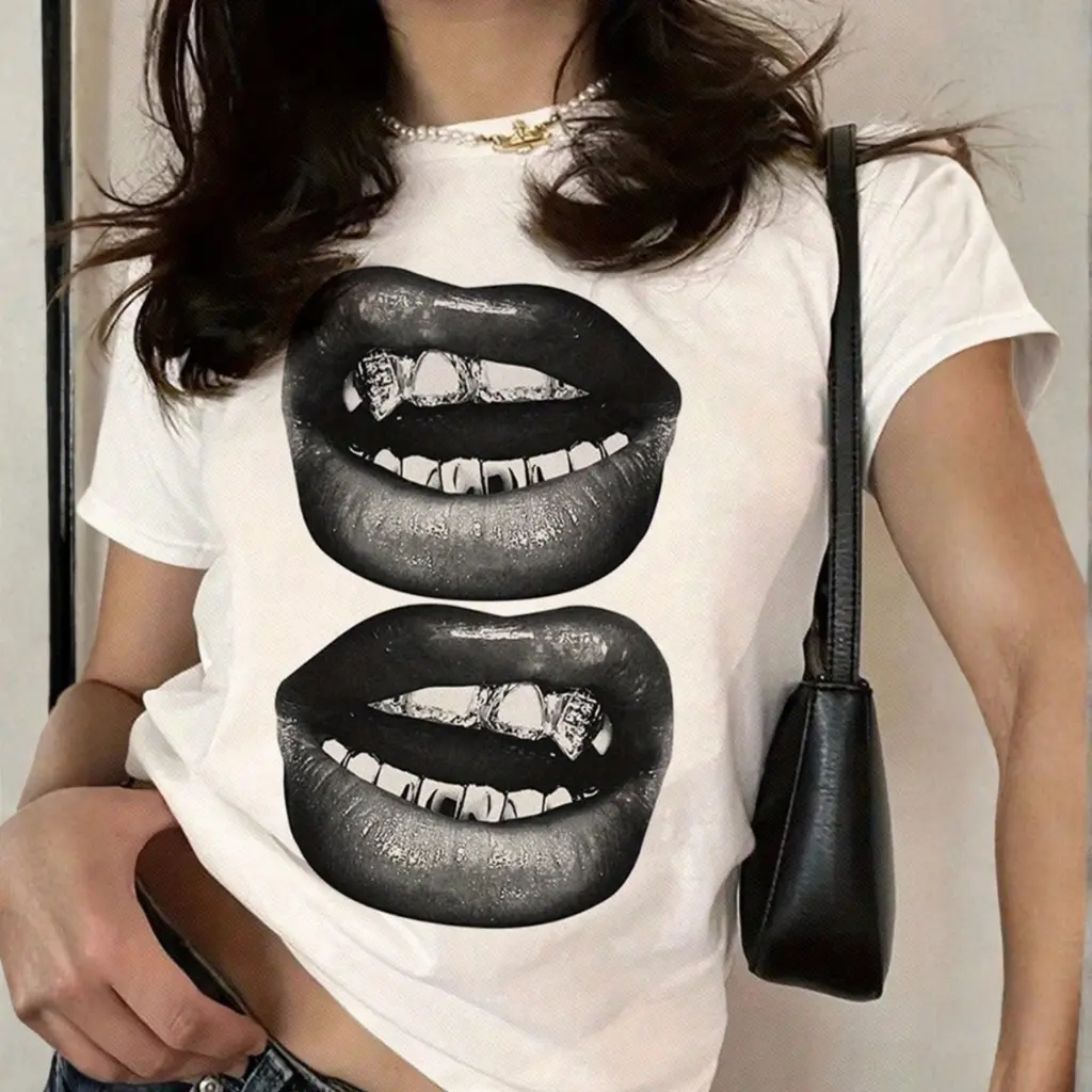 Camiseta T-shirt Feminina Estampa Boca com Grillz Camisa Infantil Grafite Urban Style Envio Rapido
