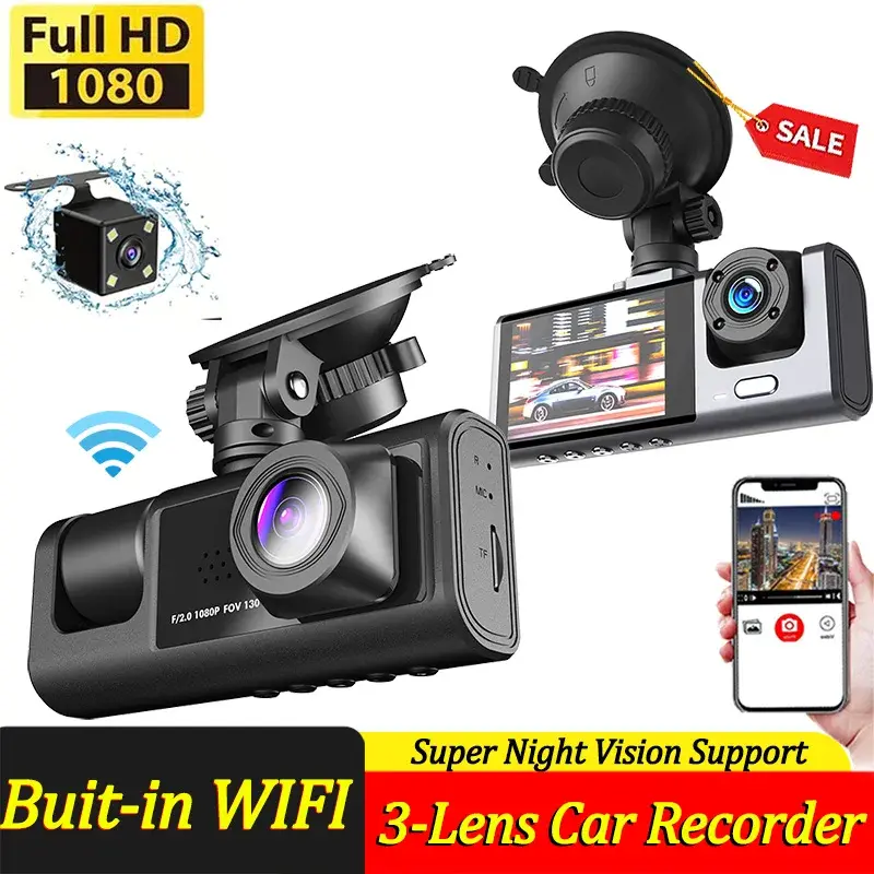 Câmera Veicular Wi-Fi de 3 Canais com Visão Noturna, Gravação em Loop e Tela IPS de 2 Polegadas, Gravador DVR 1080P com 2/3 Câmeras, Gravador de Vídeo, DVR Veicular - 1