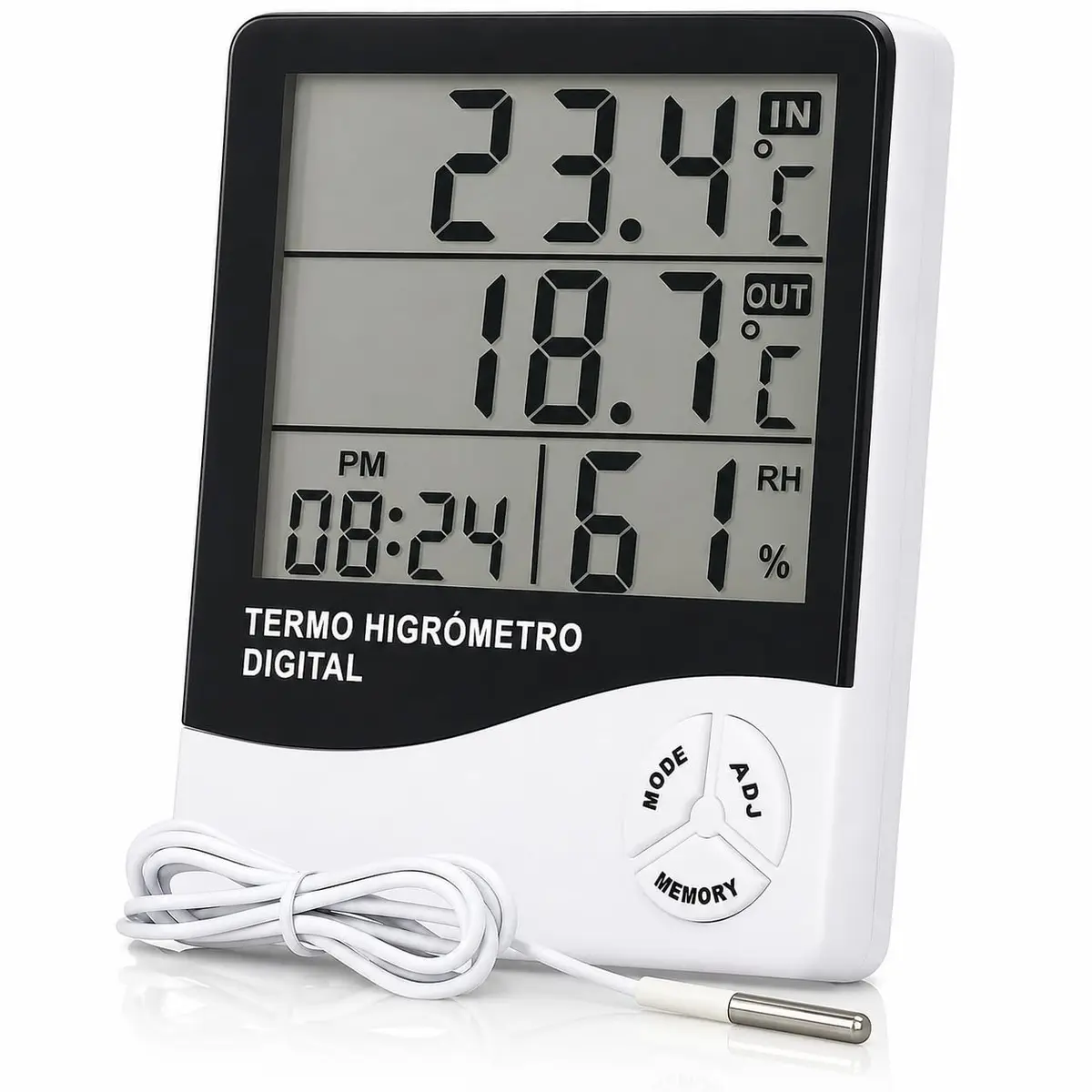 Termo Higrômetro Digital Display LCD Medidor de Umidade Interna Temperatura Interna Externa e Relógio com Alarme Para Casa Escritório Estufa e Adega