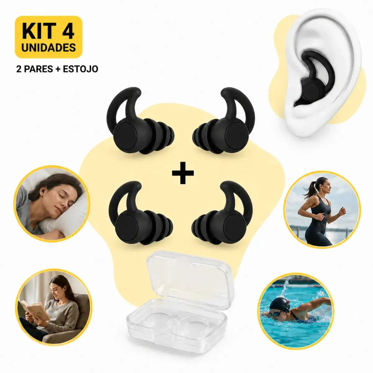 Kit 2 Pares Protetor Auricular Protetor de Ouvido Tampão Silicone Para Dormir Natação Ronco Estudar Trabalhar Viajar Lavável Reutilizável com Estojo BRY Macio Anatômico Cores Sortidas