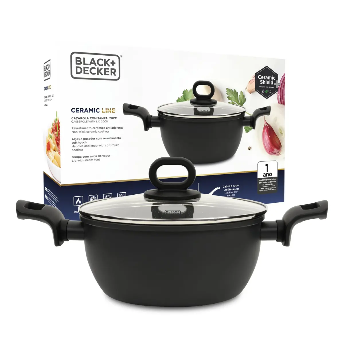 BLACK+DECKER CAÇAROLA 20 CM 3 LITROS CERAMIC LINE - CORPO COM REVESTIMENTO CERÂMICO COM EXTERIOR NA COR PRETA, BASE COMPATÍVEL COM INDUÇÃO - BLACK