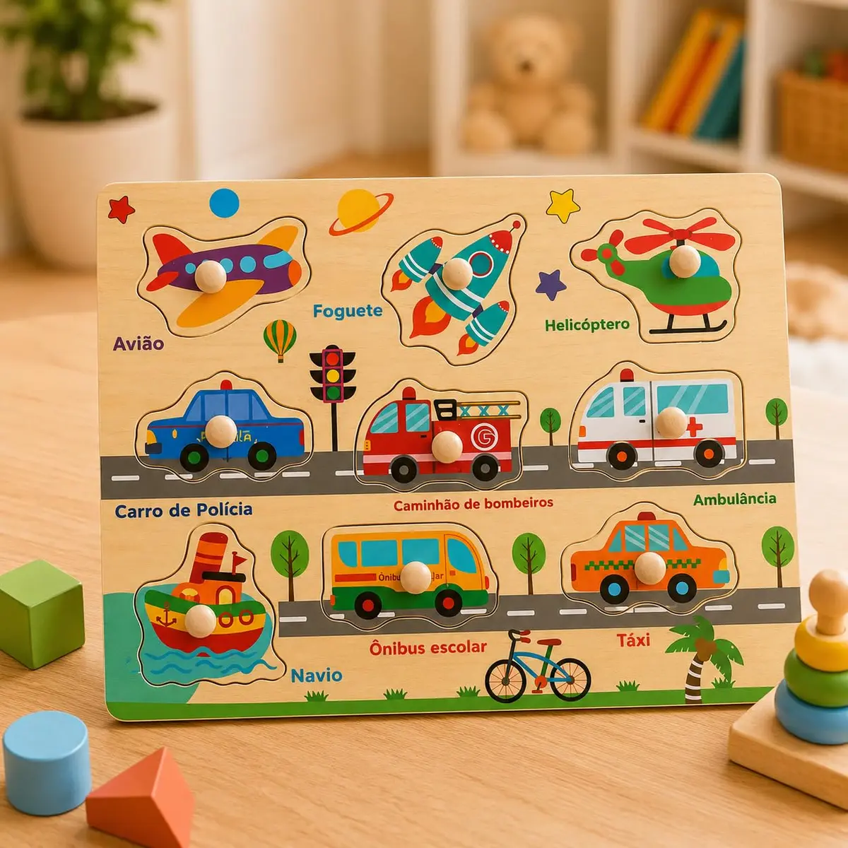 Brinquedo Pedagógico Infantil Quebra-Cabeça Educativo de Madeira com Pinos, Tema Transportes, 8 Peças, 30x22,5 cm, para Crianças a partir de 18 Meses