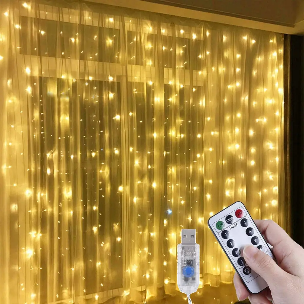 Cortina De led Fio De Fada 300 LED 3X3M 8 Modos Com Controle Para Decoração Quarto/Natal/Casamento