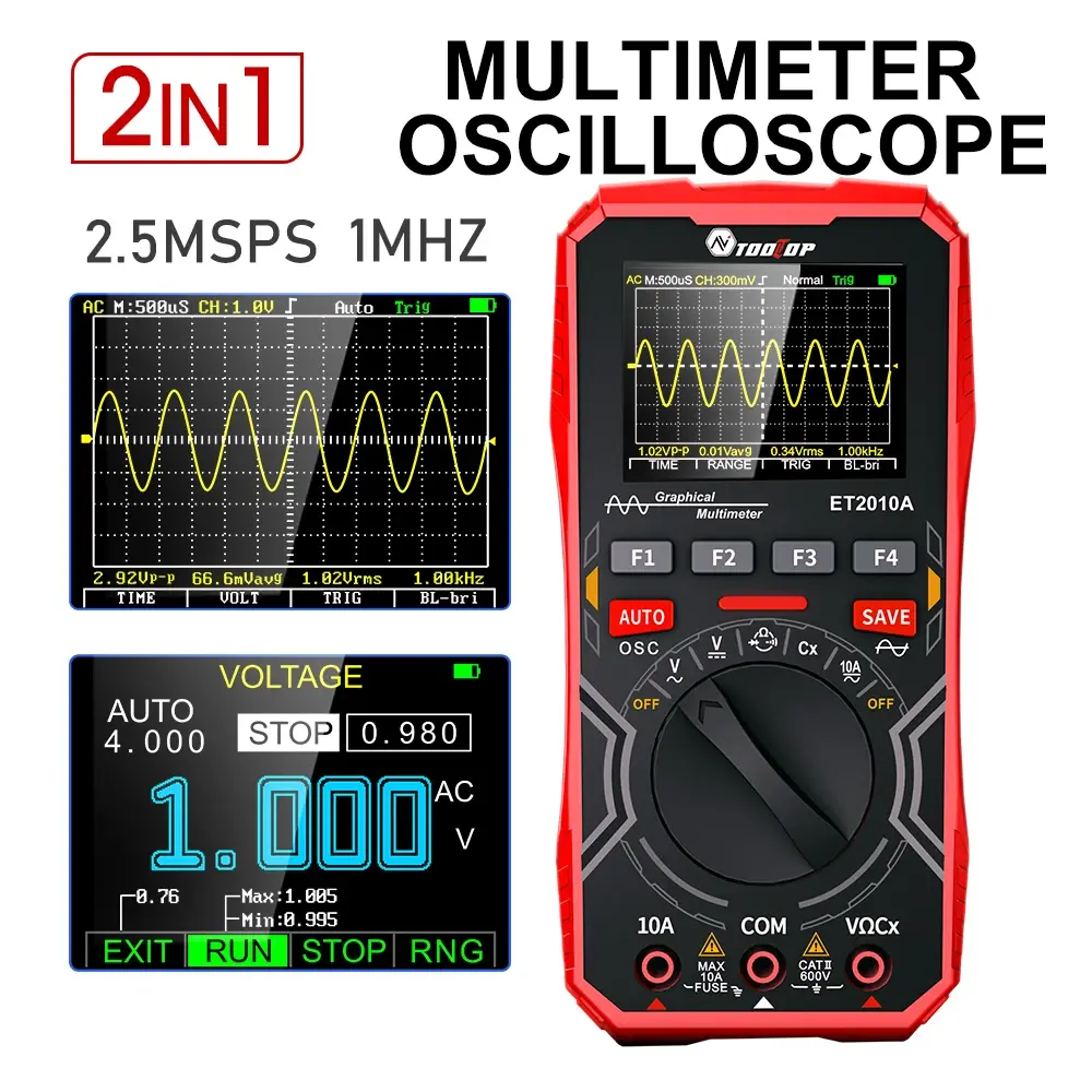 Tooltop et2010a 2 em 1 osciloscópio digital multímetro 1mhz 2.5msps osciloscópio de laboratório osciloscópio de reparo elétrico - 1