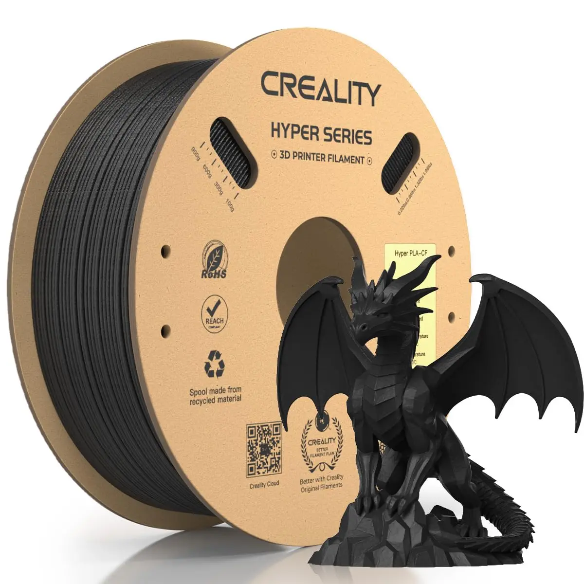 Creality Filamento Hyper PLA-CF 1kg preto, filamento de fibra de carbono 1,75 mm, alta velocidade 50-300 mm/s, alta resistência alta adesão de camadas, compatível com a maioria das impressoras 3D