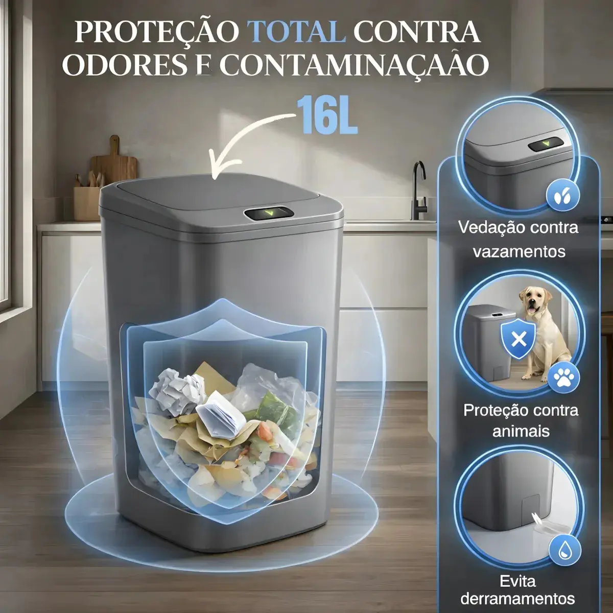 Lixeira De Sensor Automático Cor Cinza Recarregável Proximidade Moderna Sala Cozinha Banheiro Escritório thumbnail 3