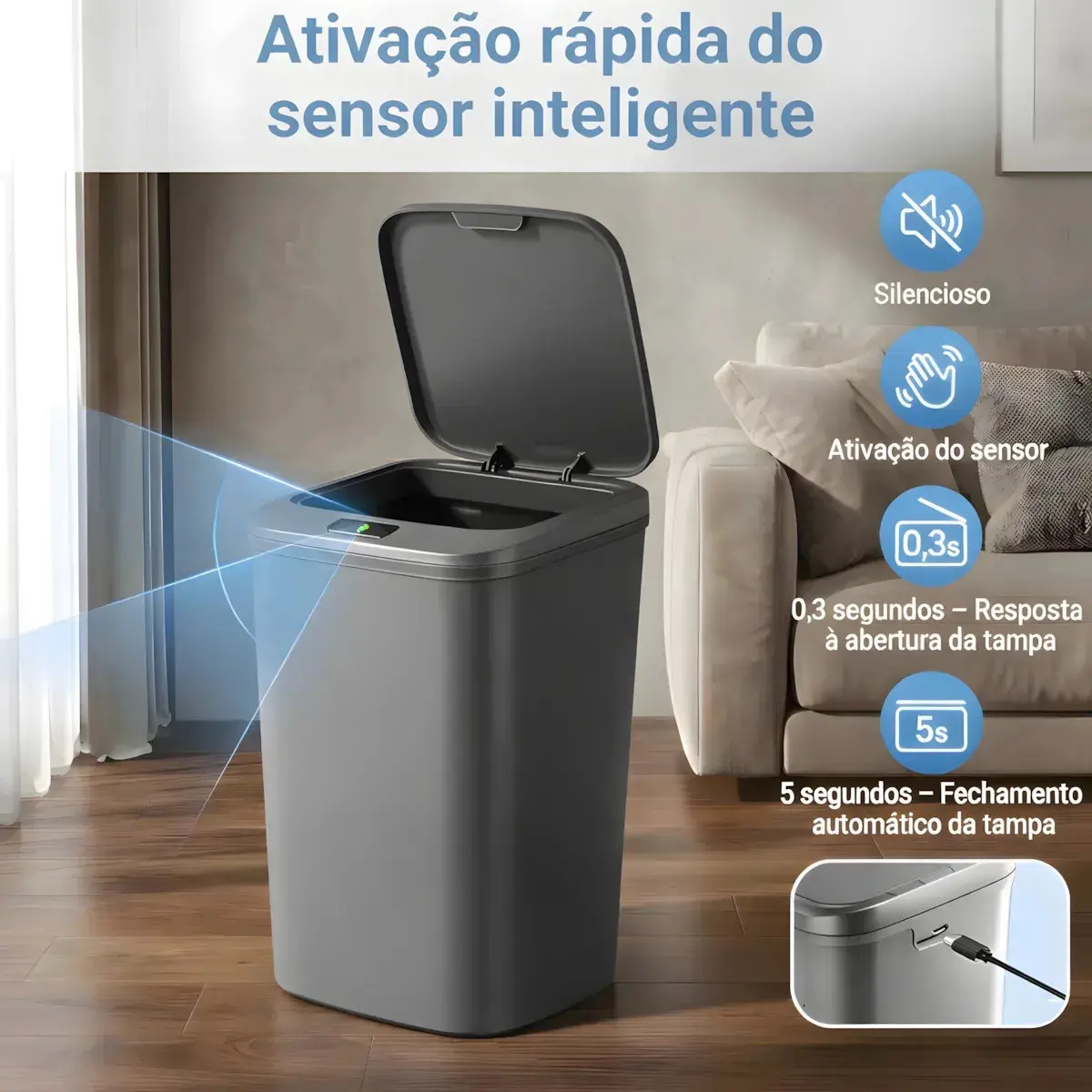 Lixeira De Sensor Automático Cor Cinza Recarregável Proximidade Moderna Sala Cozinha Banheiro Escritório thumbnail 4