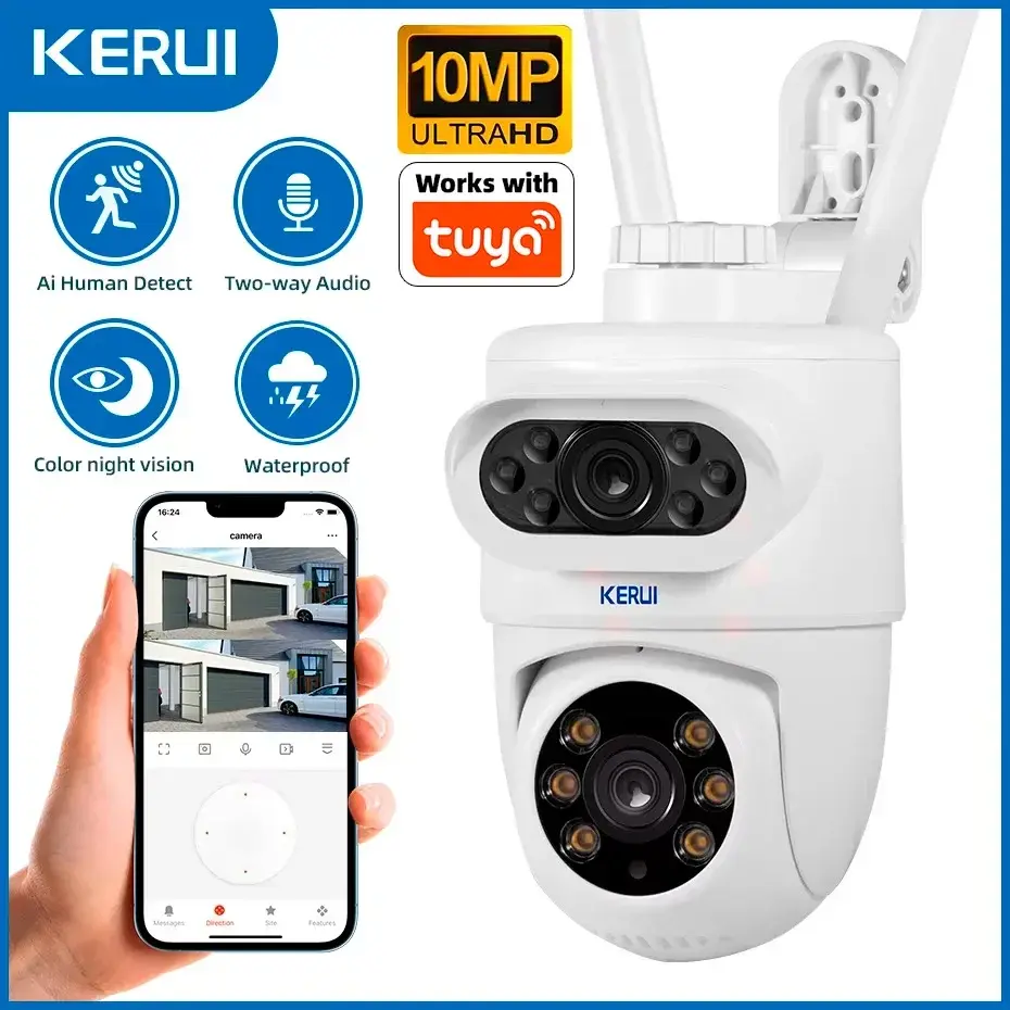 Câmera IP WiFi KERUI Externa 10MP 5K HD com Lente Dupla PTZ Sem Fio para Segurança Residencial, Vigilância por Vídeo e Detecção Humana, Compatível com Tuya
