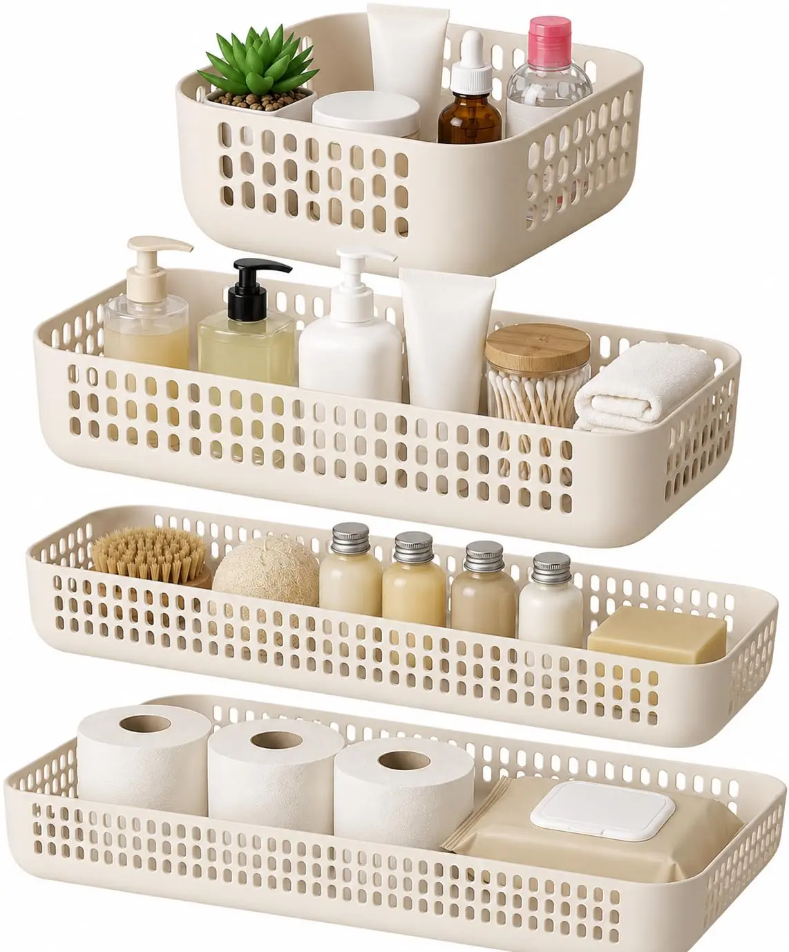 Kit 4 Organizadores Multiuso, Cestas Plásticas com Design Perfurado, Bege, para Gavetas, Armários de Cozinha, Banheiro e Escritório, Sistema Modular de Armazenamento