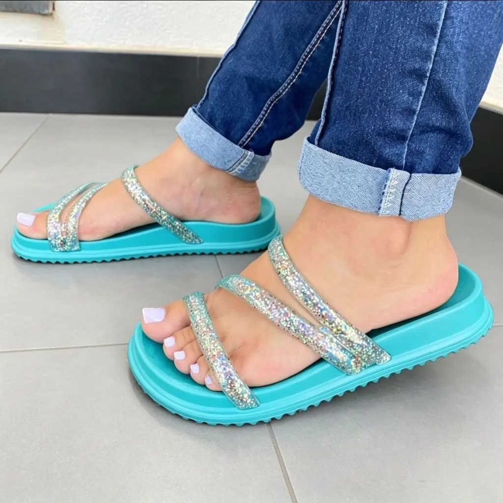 Sandália Feminina Papete Birken Tiras Glitter Coloridas Confortável e Leve Macia - 1