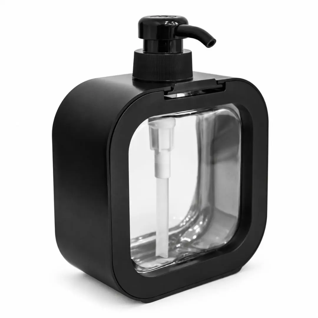 Porta Sabonete Líquido Quadrado com Válvula 500ml | Reservatório Transparente, Acionamento Manual, 16,5 × 13 × 6 cm, Cantos Arredondados, Leve 170 g